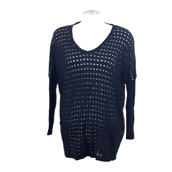 Womens M Sweater Black Gray Open Knit Ribbed Pockets Lagenlook Goth Avant Garde - Picture 1 of 5
